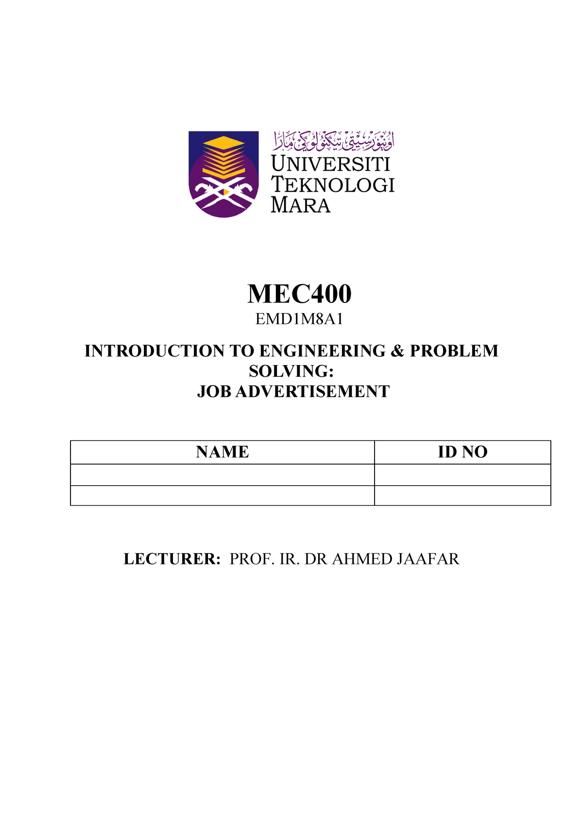 MEC400 Job Advertisement - MEC EMD1M8A INTRODUCTION TO ENGINEERING 