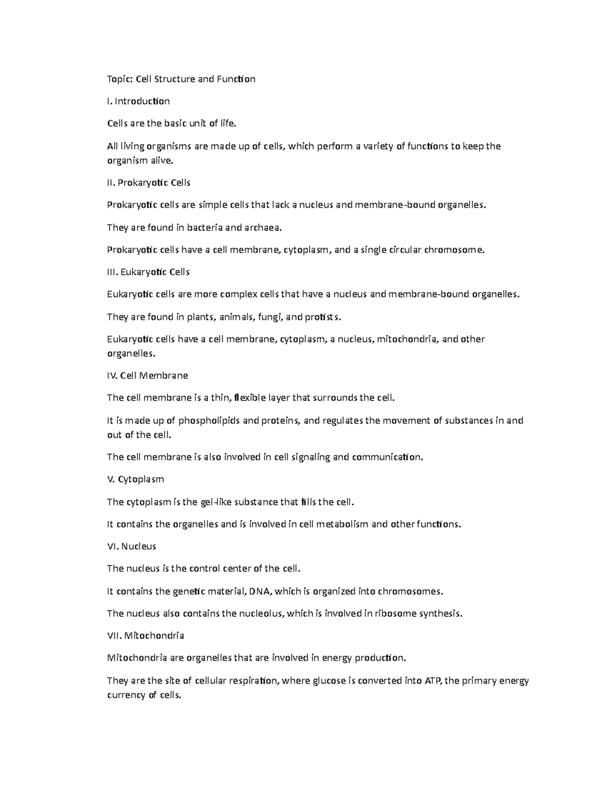 Biology Lecture Materials - Topic: Cell Structure and Function I ...