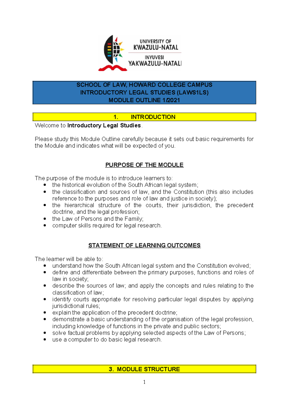 Introductory Legal Studies Module Outline 2021 - SCHOOL OF LAW, HOWARD ...