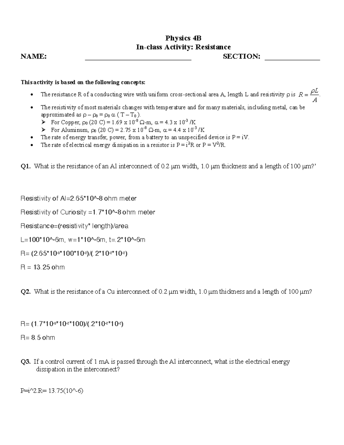 In class Activity 8 -Resistance - Physics 4B In-class Activity ...