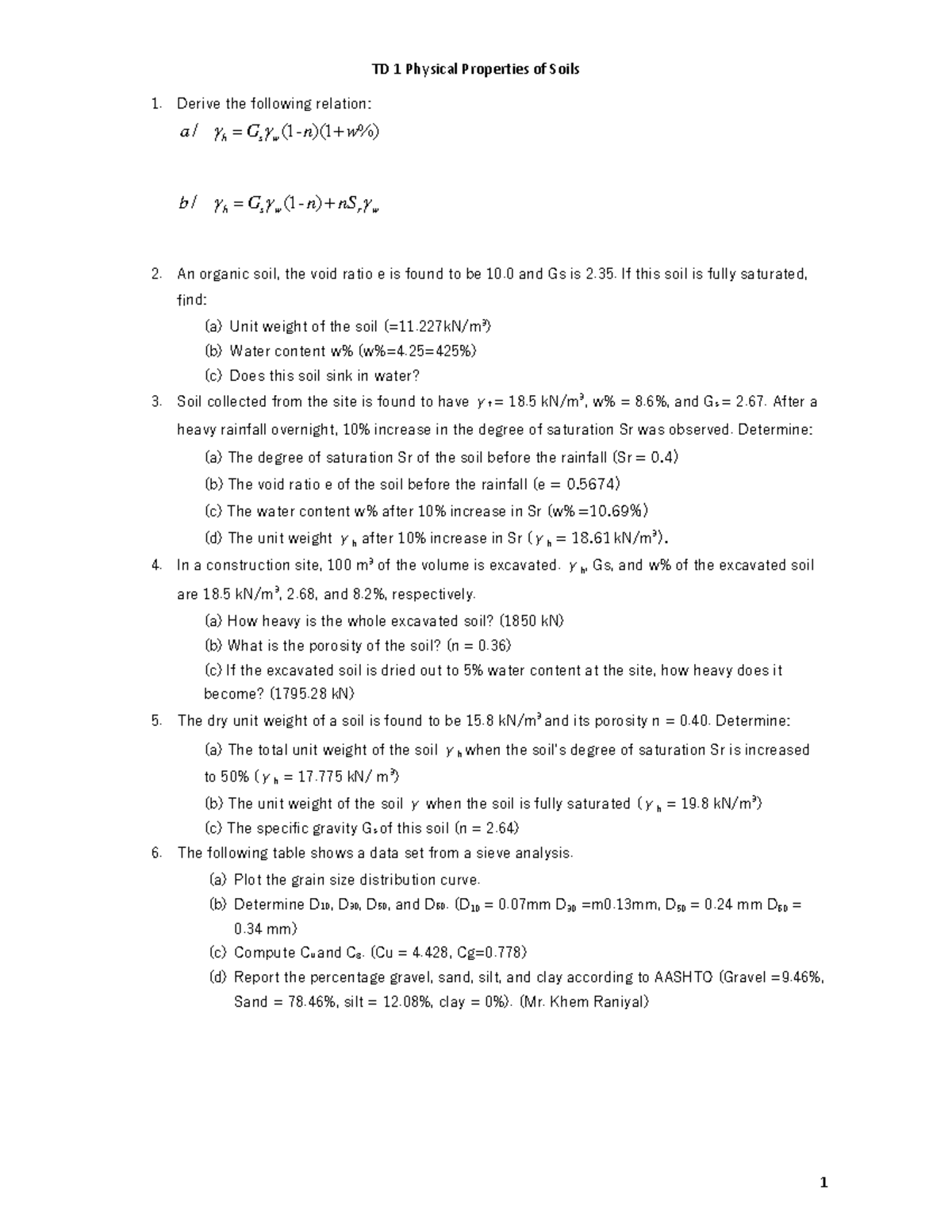 TD 1 Physical Properties of Soils - ϭ TD ϭ PhysiĐal Properties of Soils ...