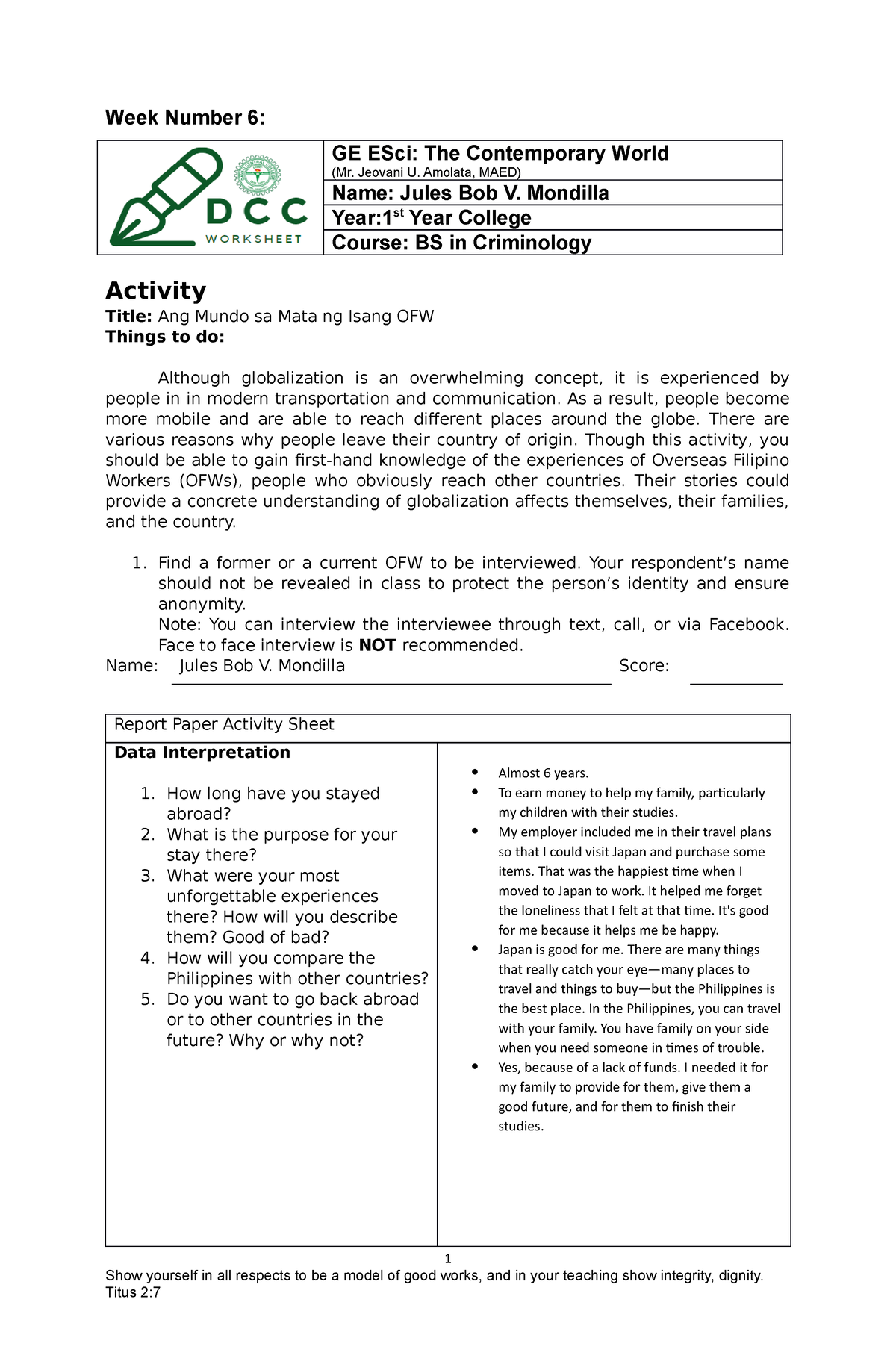 Week 6 - Learning-Activity And Assessment J MON - Week Number 6: GE ...