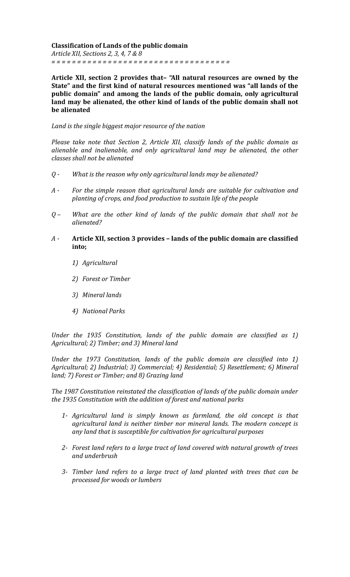 Classification of Lands of the Public Domain, Art XII, Sections 2, 3 4