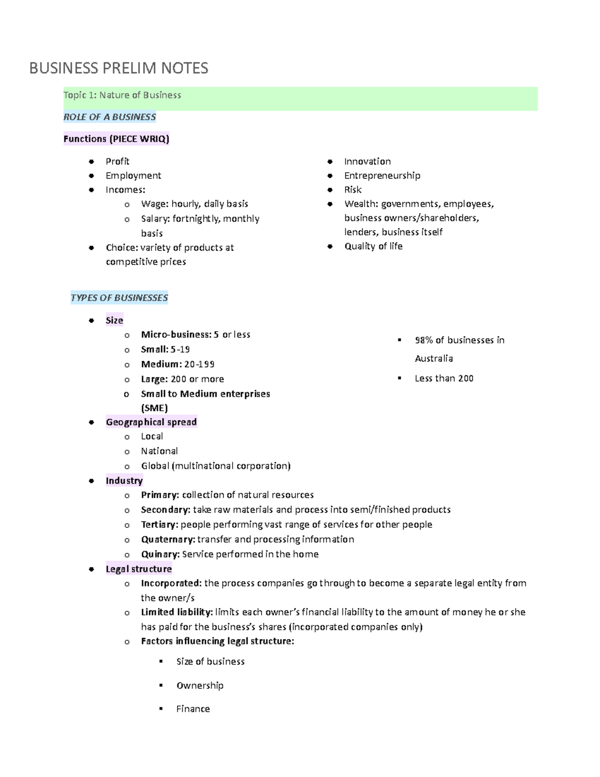 Business Notes - BUSINESS PRELIM NOTES Topic 1: Nature of Business ROLE ...