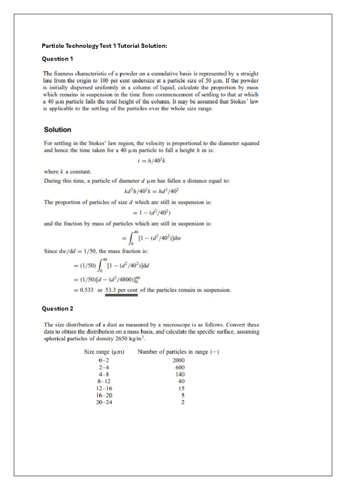 Particle Technology Test 1 Tutorial Solution - Particle Technology Test ...