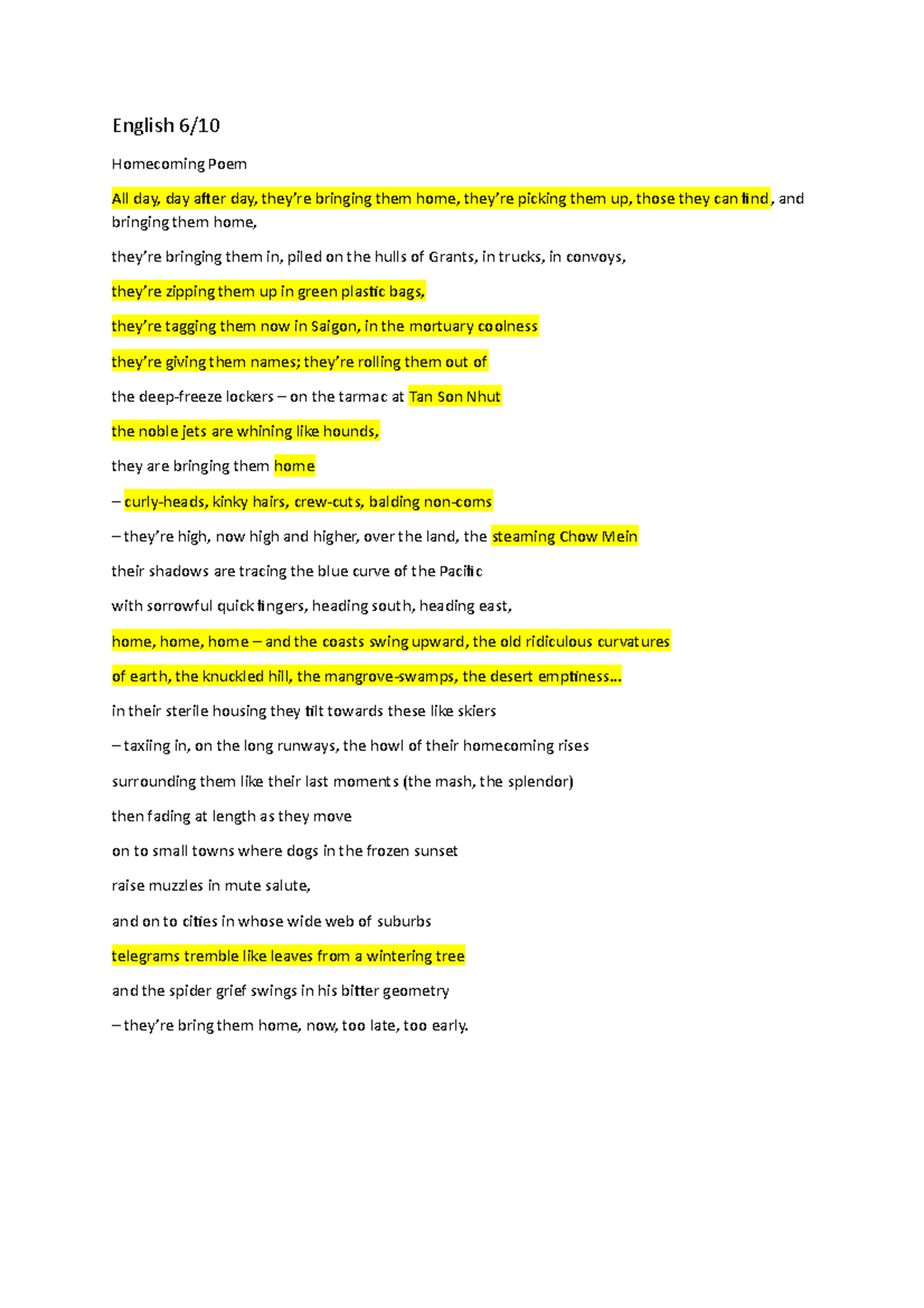 English 5 10 - class work - English 6/ Homecoming Poem All day, day ...