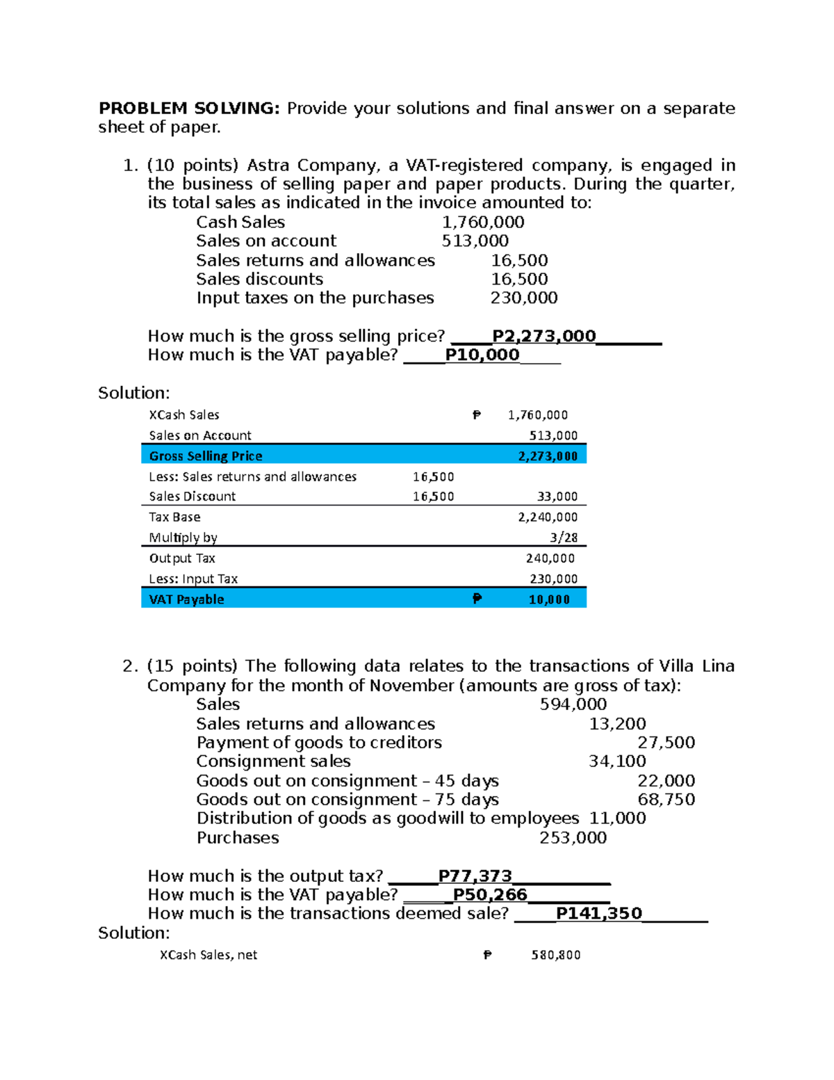 Lll5 - practice - PROBLEM SOLVING: Provide your solutions and final ...
