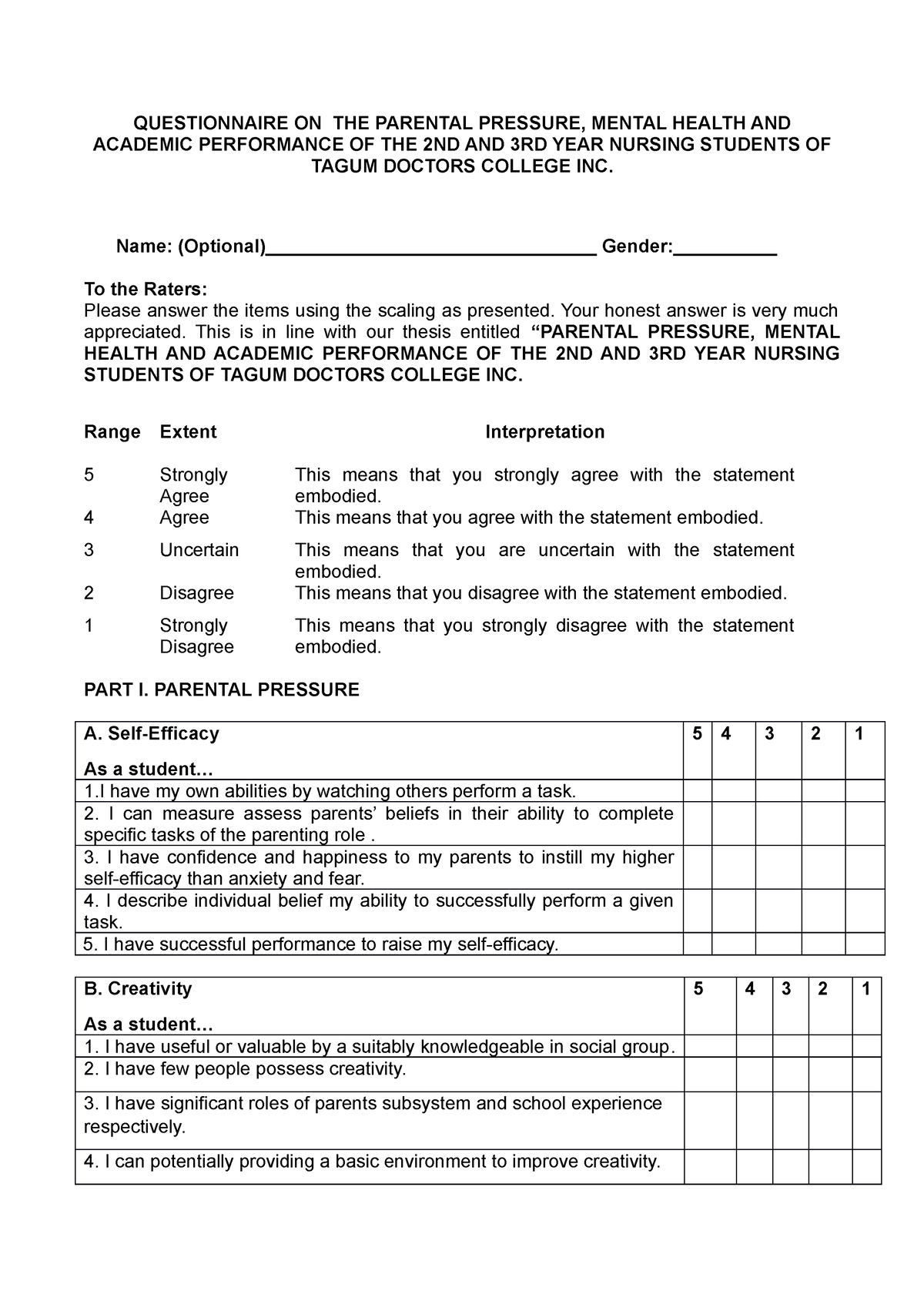 Questionnaire ON THE Parental Pressure Mental Health AND Academic ...