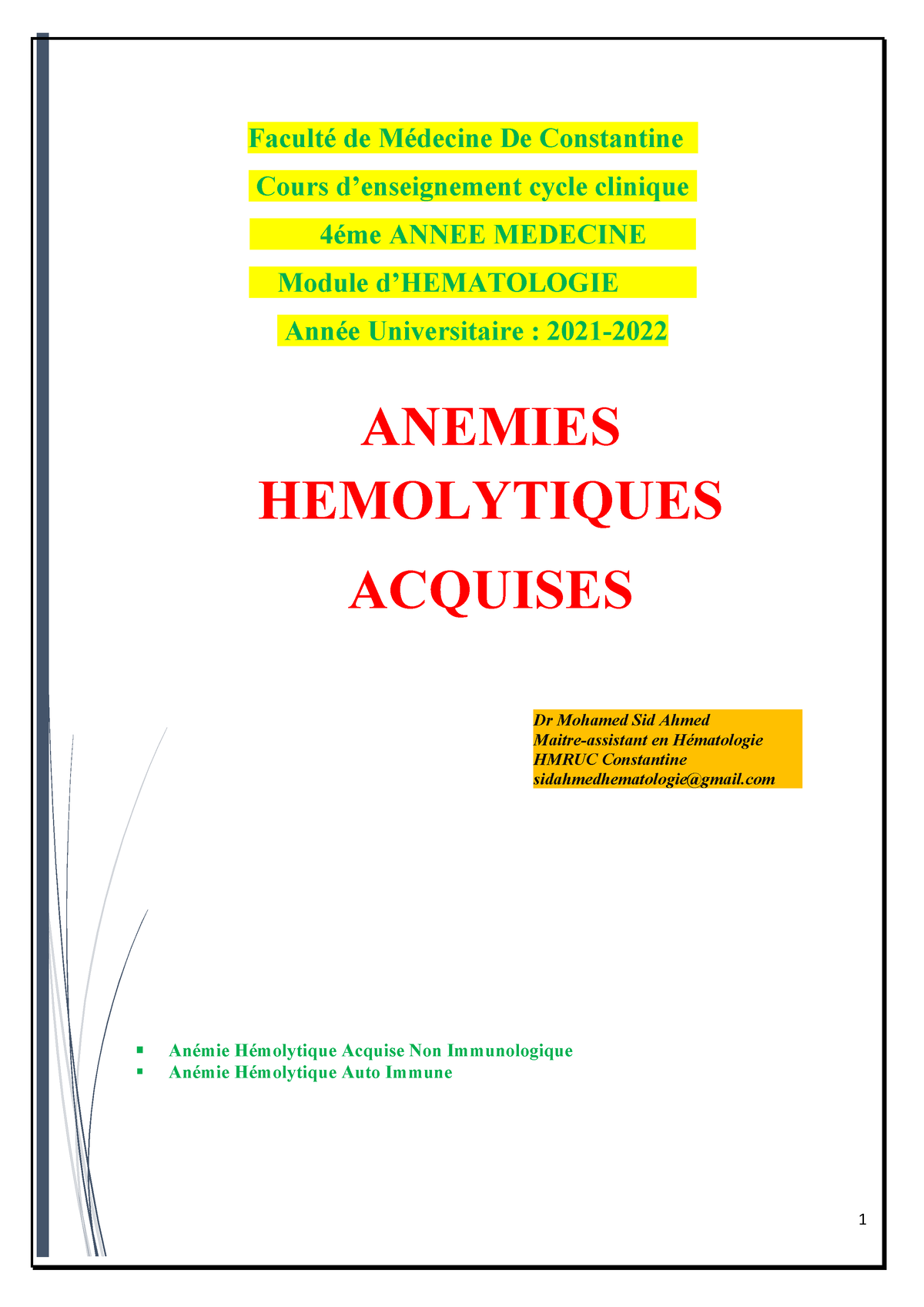 Anemie- Hemolytique- Acquise - Faculté De Médecine De Constantine Cours ...