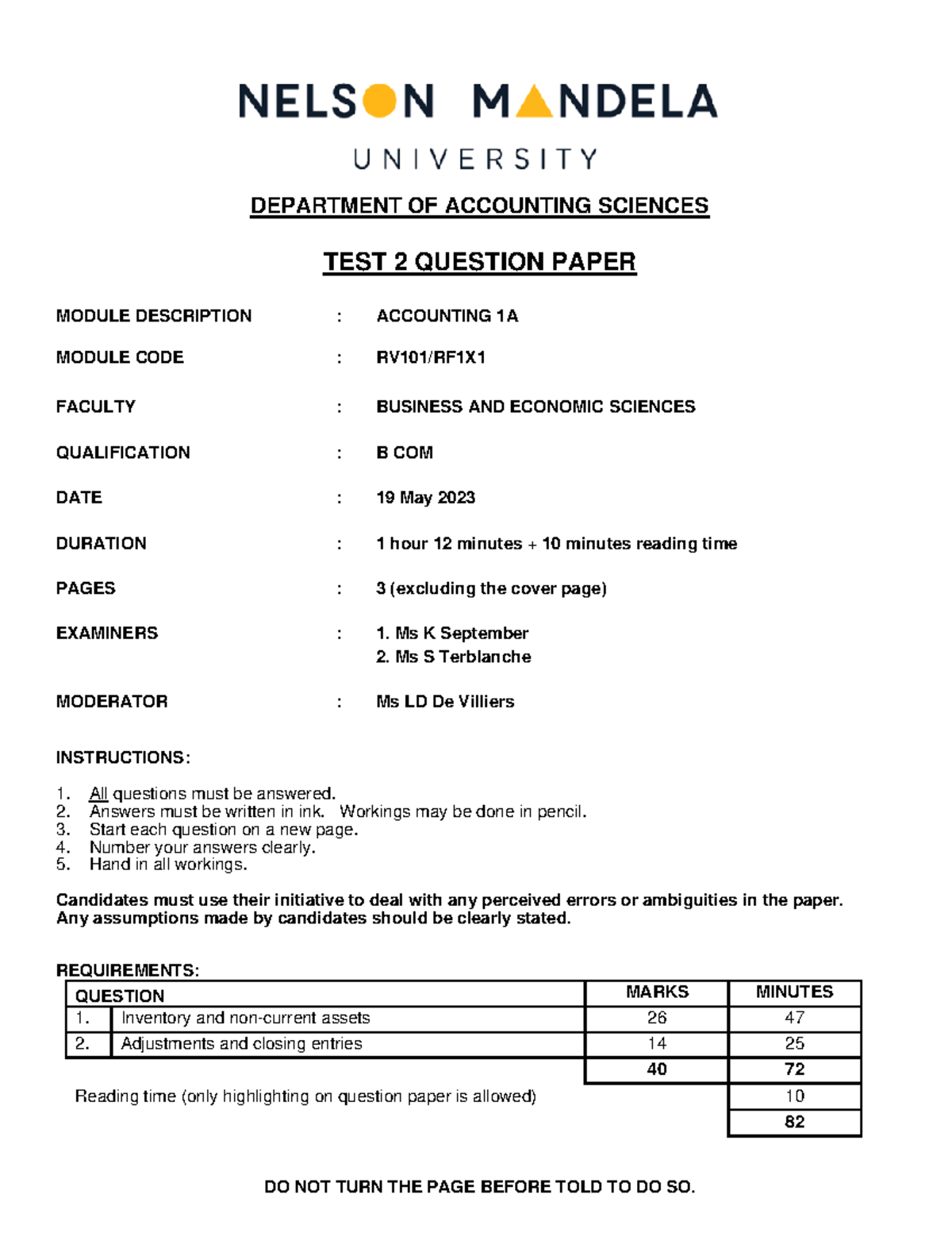 RV101 RF1X1 TEST 2 Question 19 MAY 2023 - DEPARTMENT OF ACCOUNTING ...