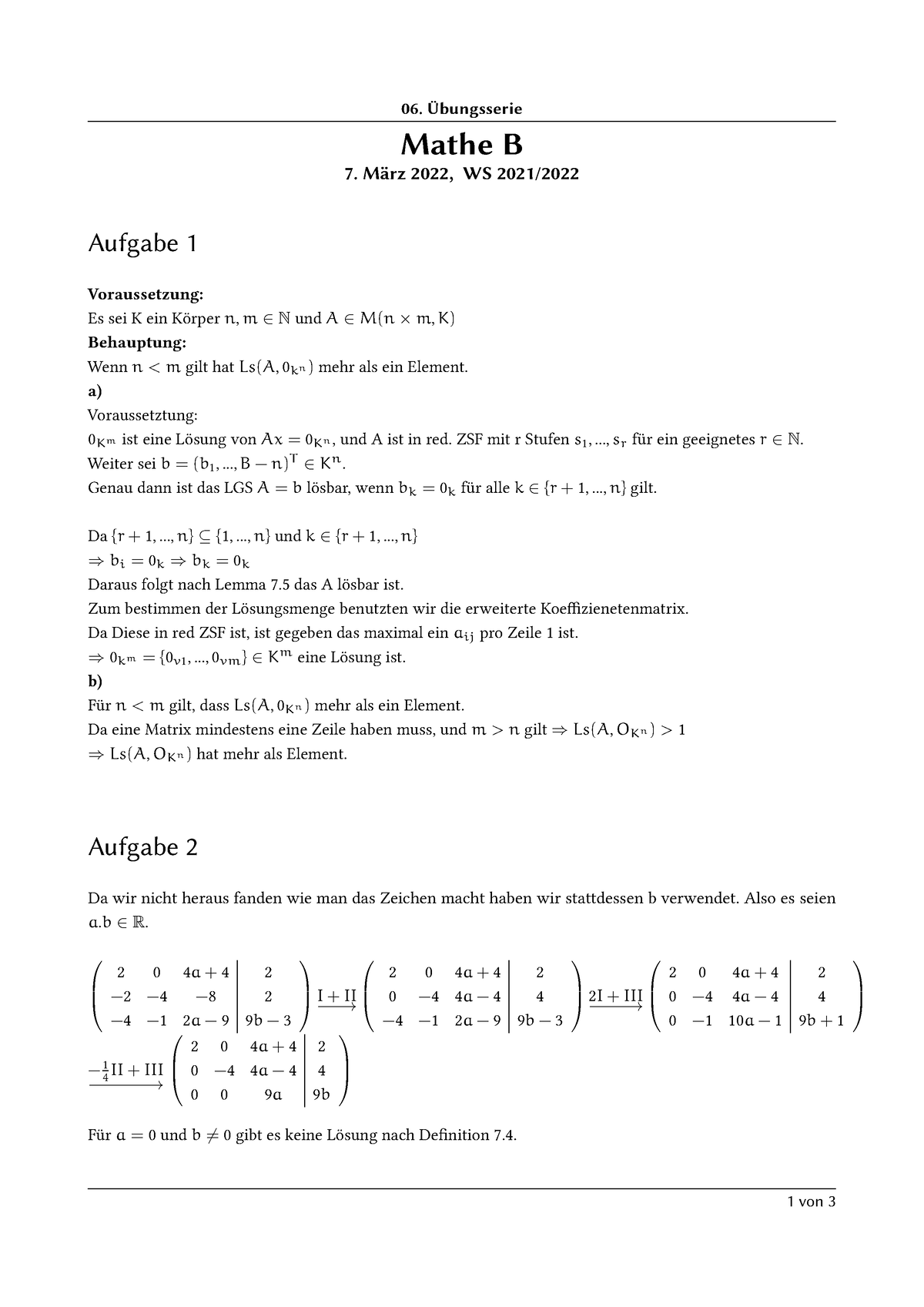 Mathe B Serie 6 - Übungsserie Mathe B 7. März 2022, WS 2021/ Aufgabe 1 ...