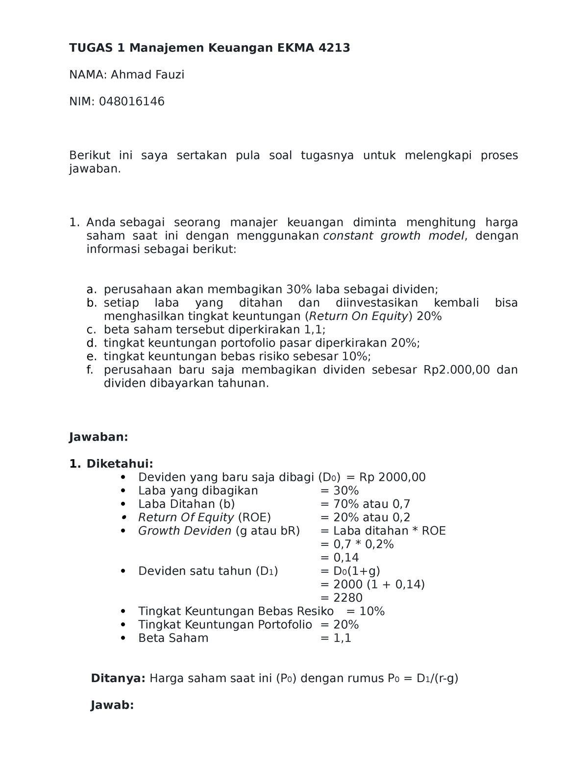 Tugas 1 Manajemen Keuangan - TUGAS 1 Manajemen Keuangan EKMA 4213 NAMA ...