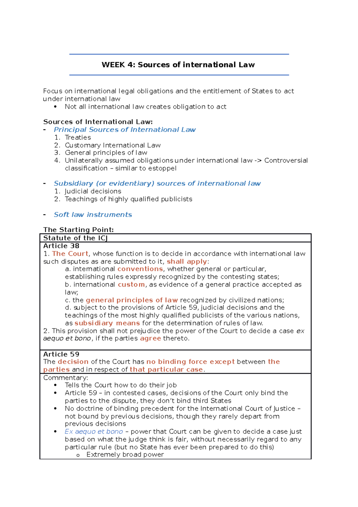 WEEK 4 Notes Sources of International Law - WEEK 4: Sources of ...