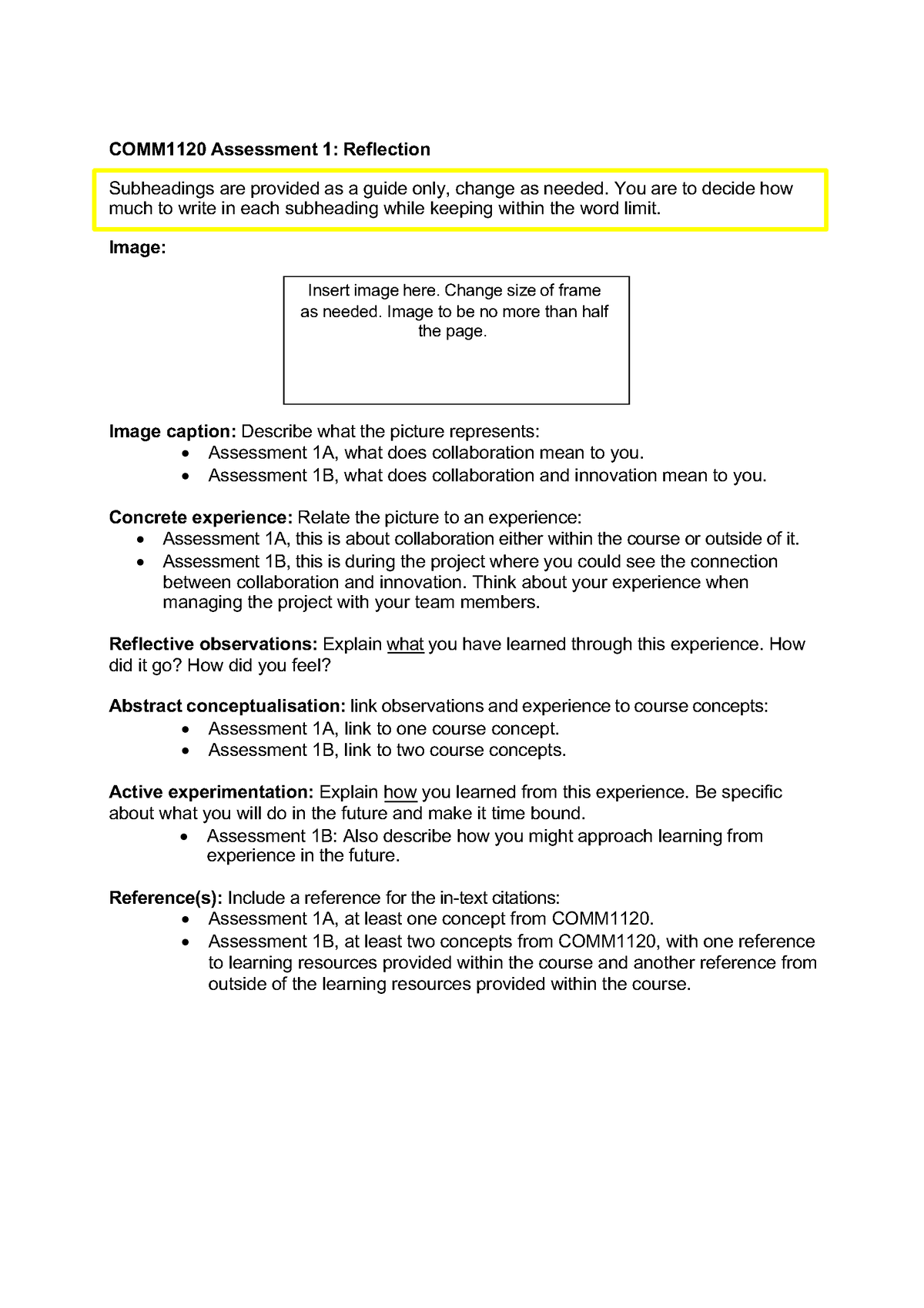 Structure For 1A - COMM1120 Assessment 1: Reflection Subheadings Are ...