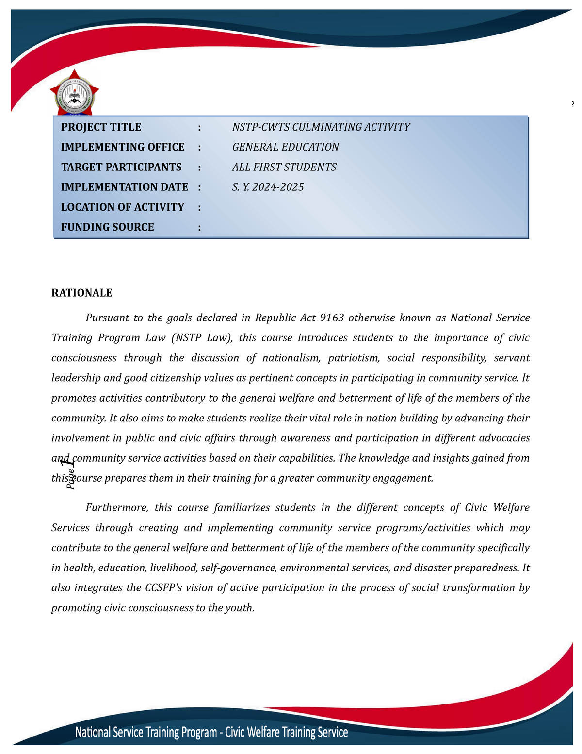 NSTP CWTS Project Proposal 2 Page 1 RATIONALE Pursuant To The Goals 