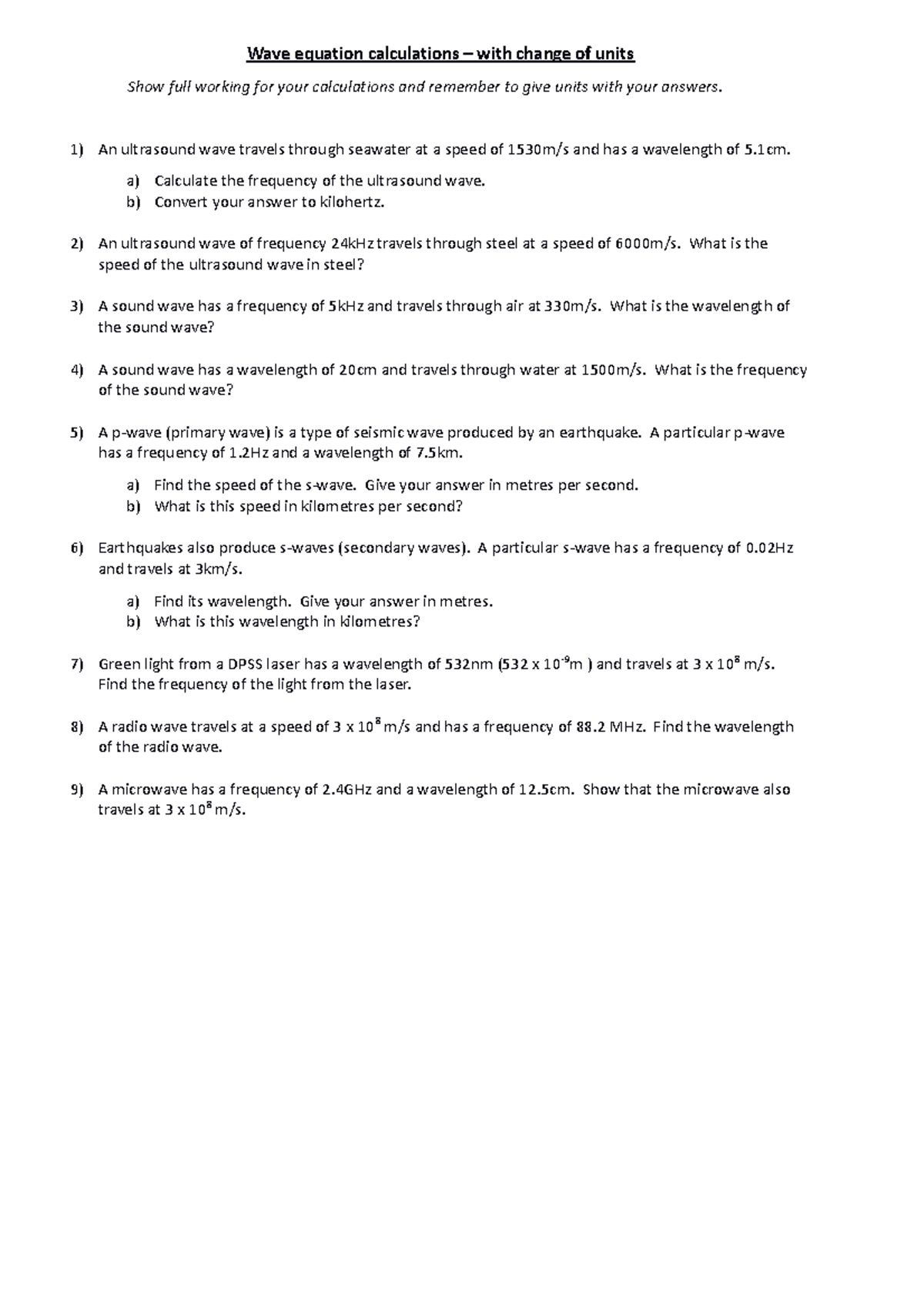 Wave equation questions - with change of units - Wave equation ...