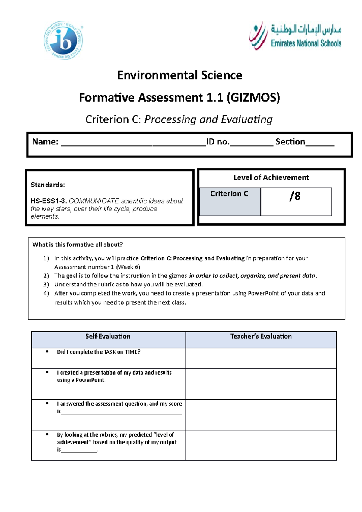 1.1 Formative ES - mmmmm - Environmental Science Formative Assessment 1 ...