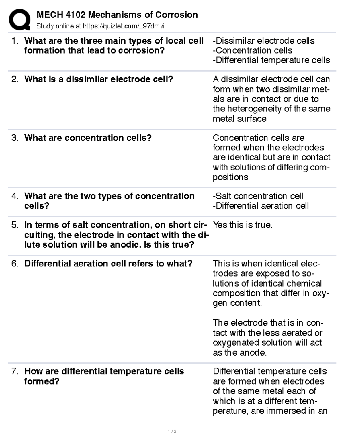 Full practice summary summary MECH 4102 Mechanisms of Corrosion