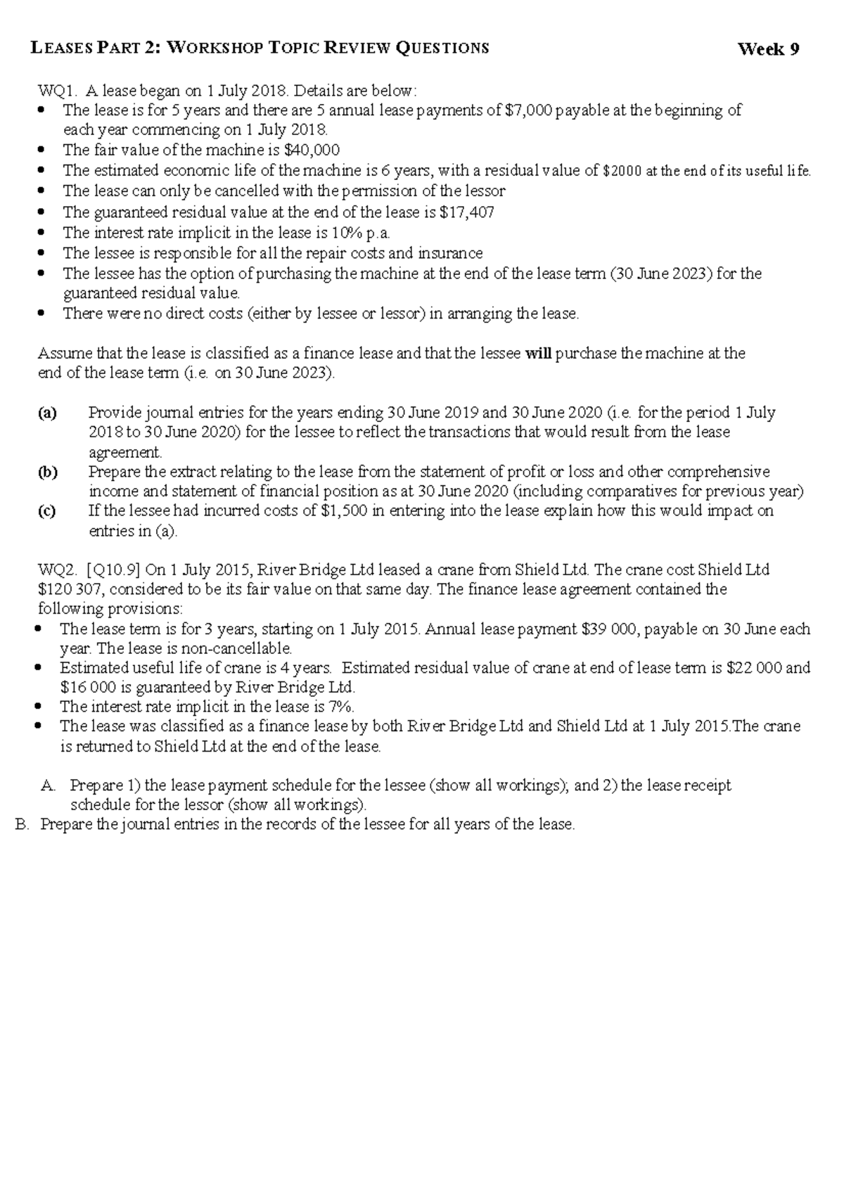 Week 9 Workshop Topic Review Questions - LEASES PART 2: WORKSHOP TOPIC ...