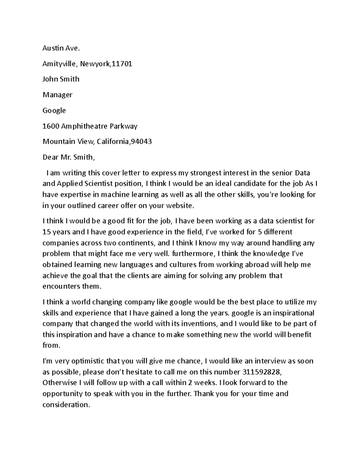 Cover letter Malta is Best Austin Ave. Amityville, Newyork, John