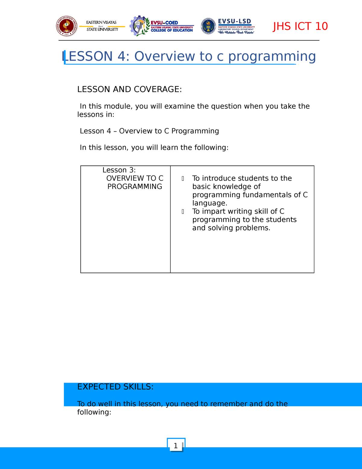 Lesson 4 - LECTURE NOTES - LESSON 4: Overview To C Programming LESSON ...