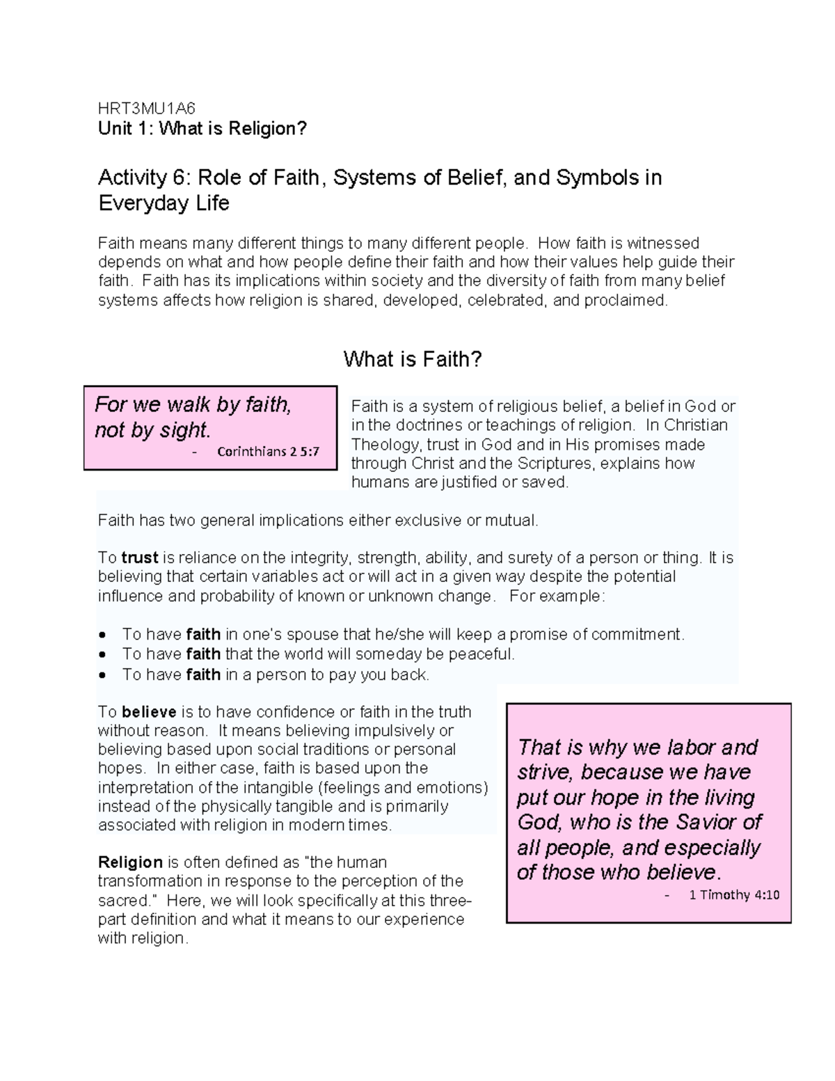 HRT3MU1A6 role of faith belief - HRT3MU1A Unit 1: What is Religion