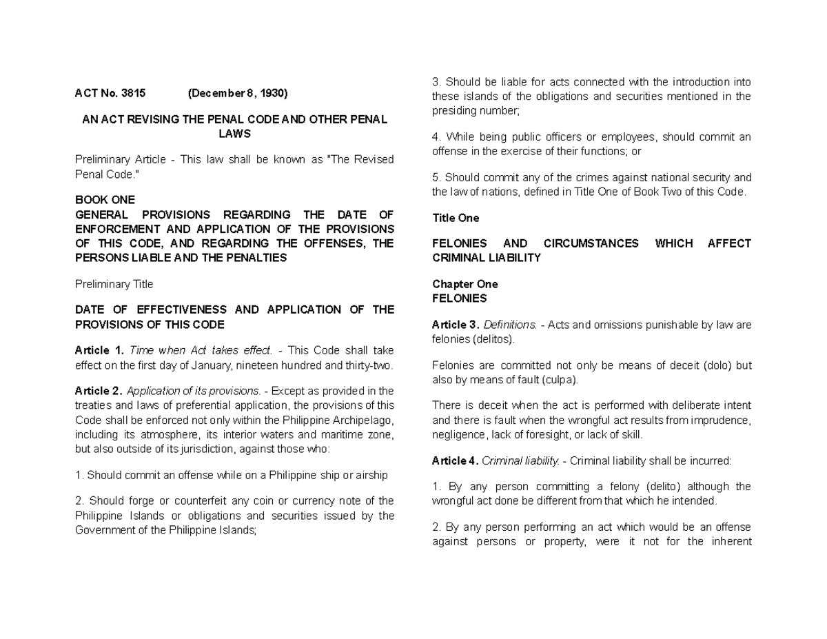 Art 1- 10 - rpc art 1 -10 - ACT No. 3815 (December 8, 1930) AN ACT ...