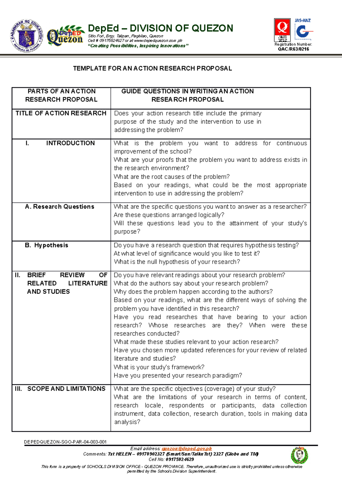 Template For Research Proposal Assuredcompanyquality Iso Template For An Action Research