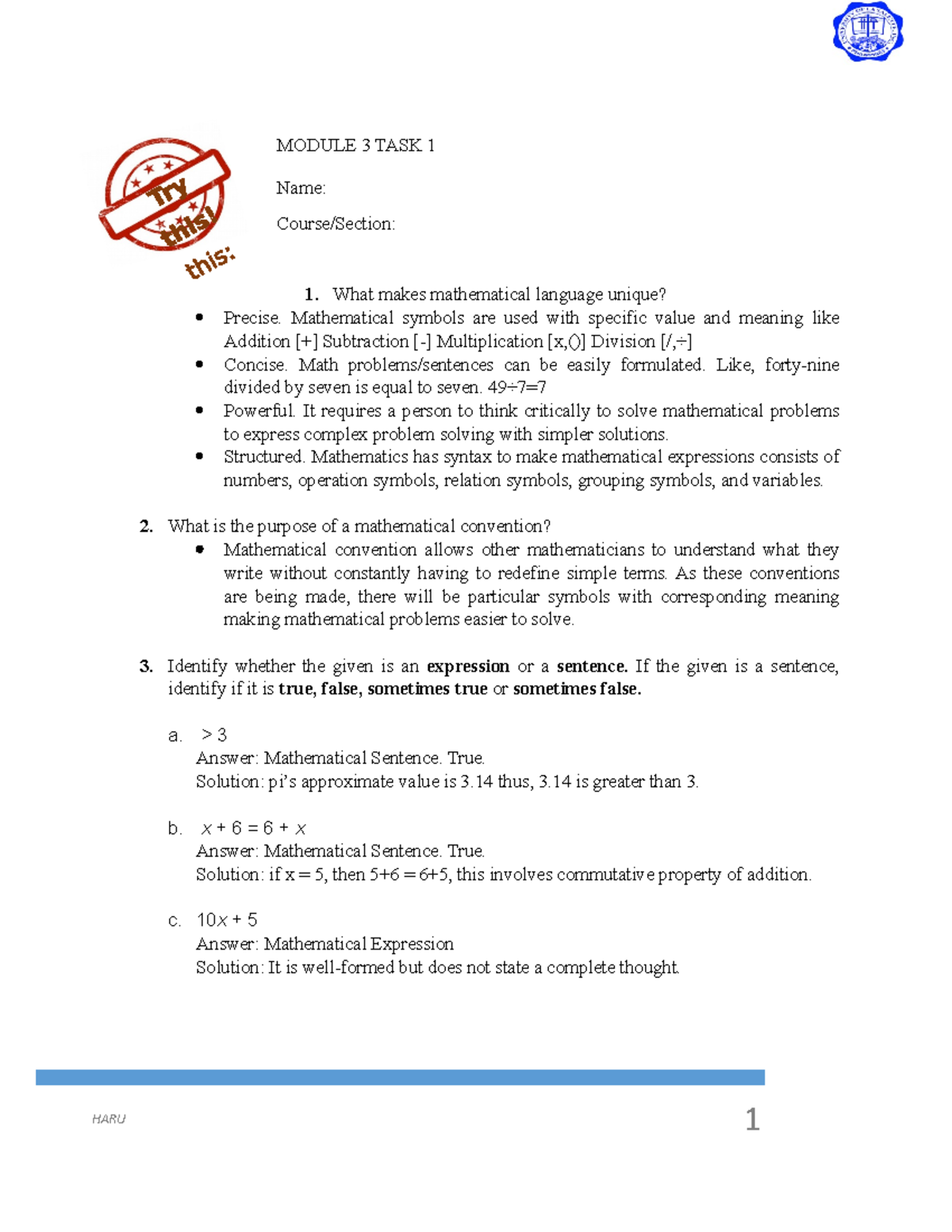Math Task 3 - Tasks and Activity - MODULE 3 TASK 1 Name: Course/Section ...