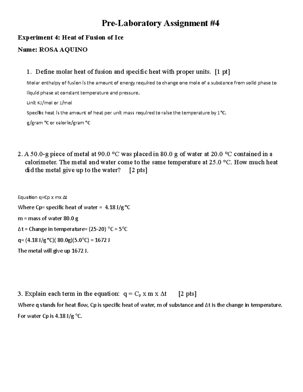 PreLaboratory 4 the heat of fusion of ice chemistry 1210 Pre