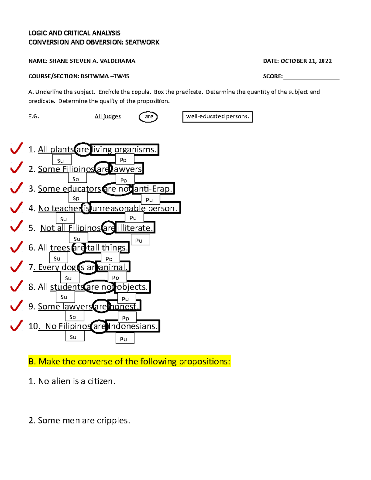 Conversion and Obversion Seatwork (SET A) Valderama Shane - LOGIC AND ...