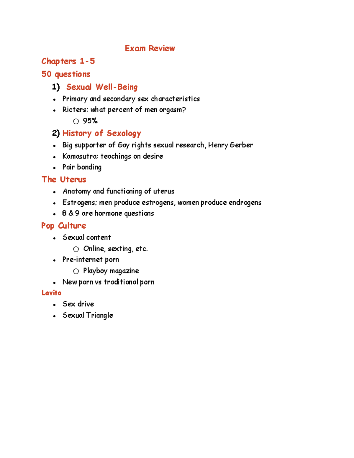 Sex Class Exam Review - Exam Review Chapters 1- 50 questions 1) Sexual  Well-Being ○ Primary and - Studocu