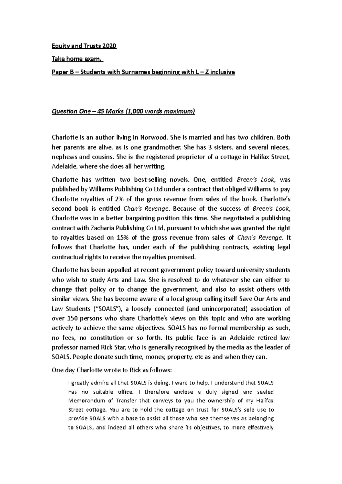 Equity and Trusts 2020 exam paper B Students L-Z - LAWS 3084 - UniSA ...