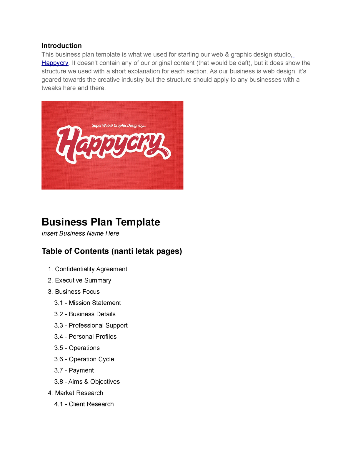 introductory page business plan