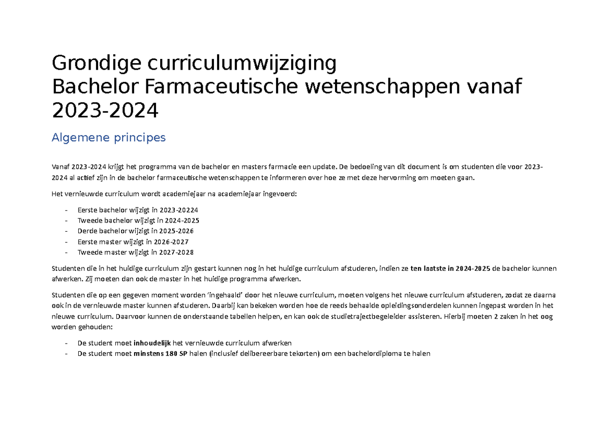 Curriculumwijziging Bachelor Farmaceutische Wetenschappen Studenten ...