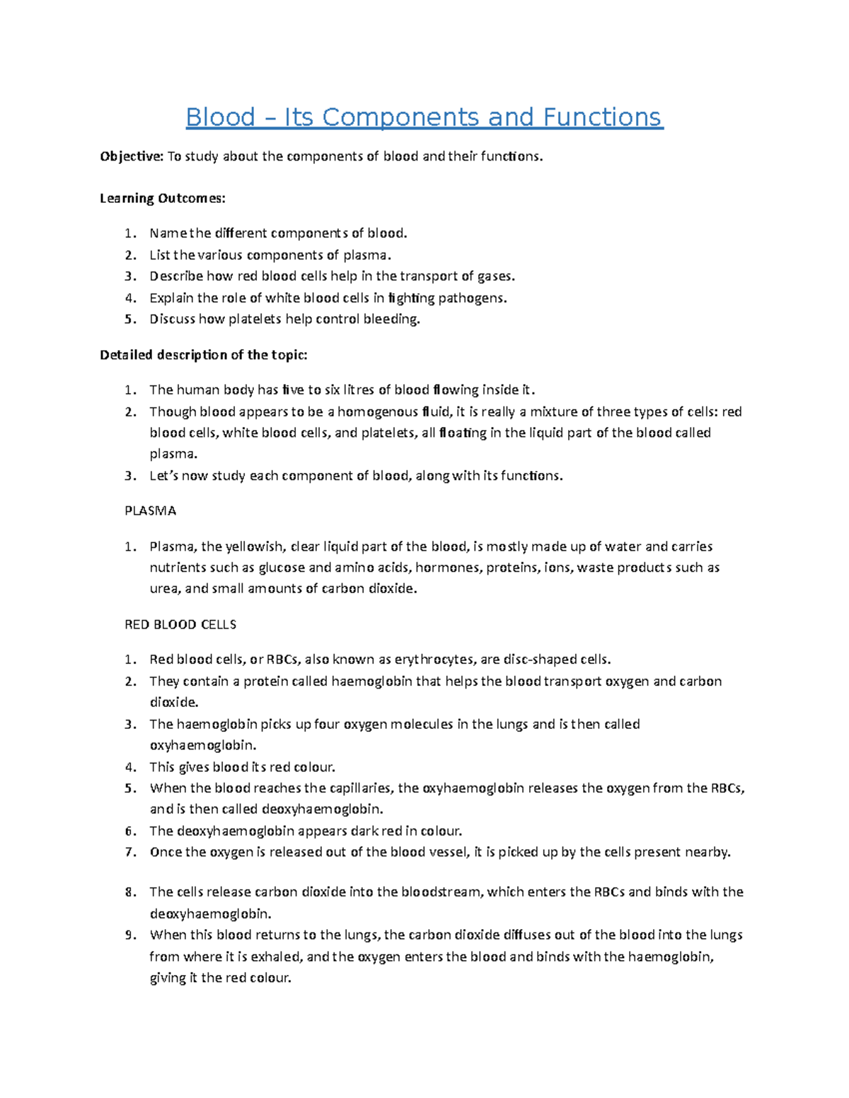 Teacher Notes - questions to clickview - Blood – Its Components and ...