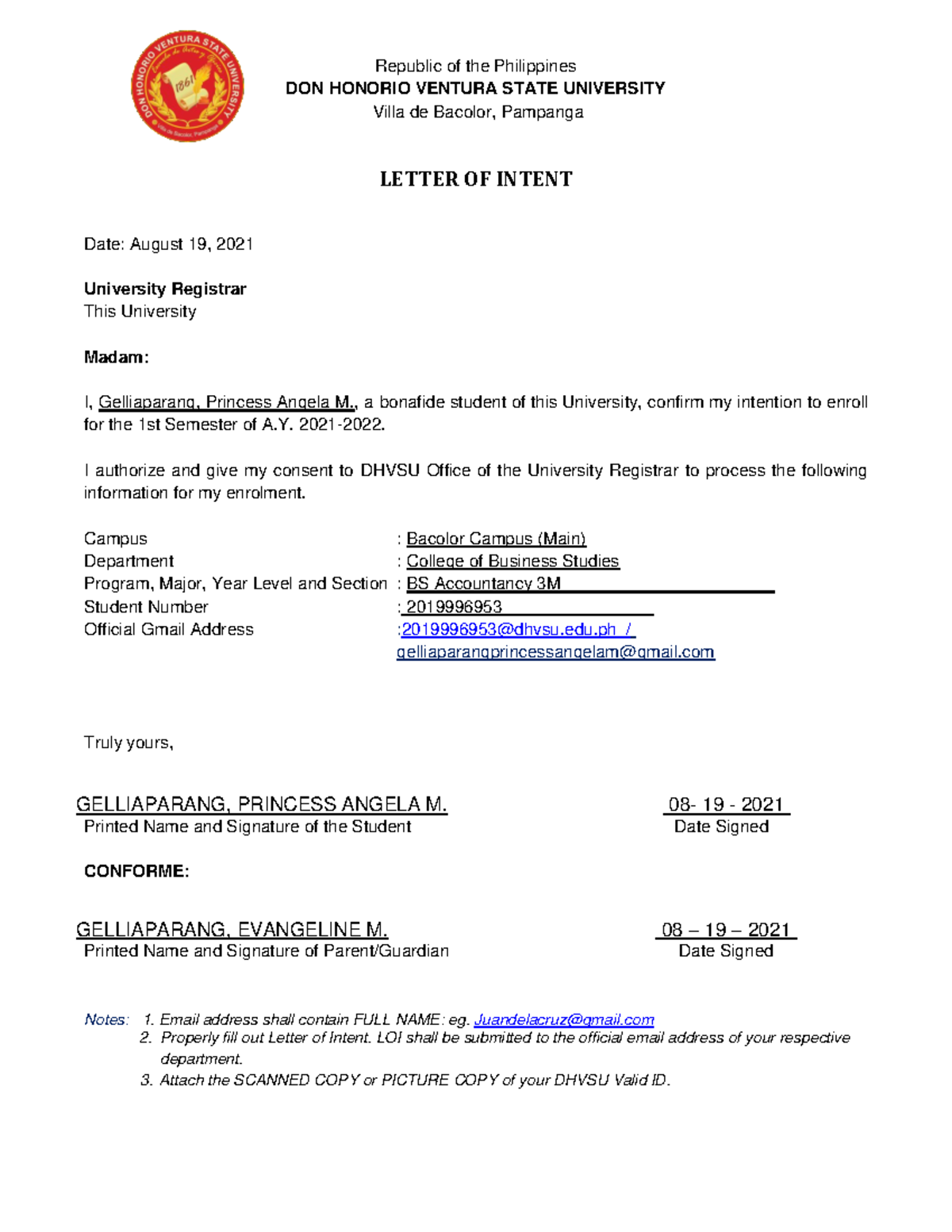 Letter of Intent to Enroll revised - Republic of the Philippines DON ...