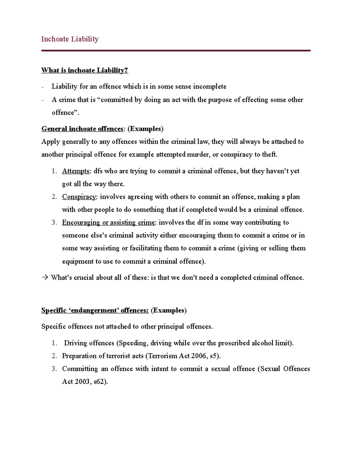 Inchoate Liability Lecture notes 6 Criminal law Inchoate Liability