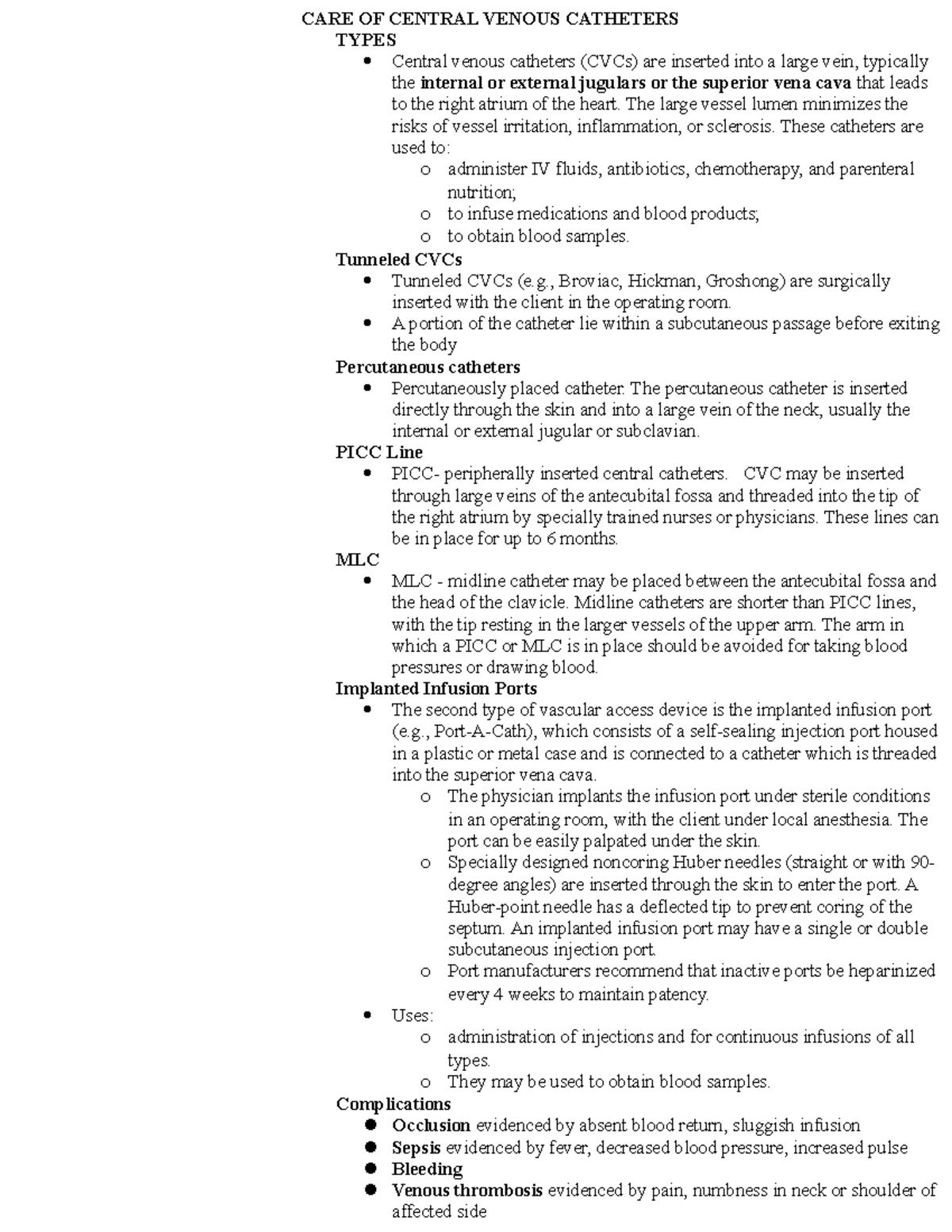CARE OF Central Venous Catheters, Outline - CARE OF CENTRAL VENOUS ...