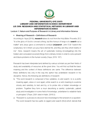 LIS 309 Lecture 2 - Research materials - FEDERAL UNIVERSITY, OYE EKITI ...