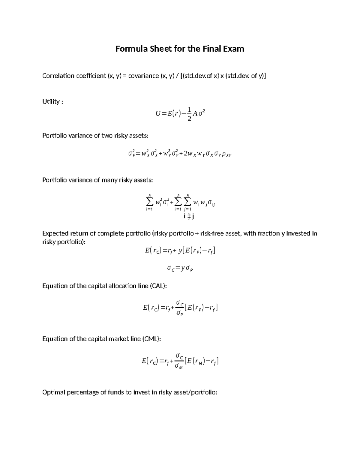 Formula Sheet for Final Exam - Formula Sheet for the Final Exam ...