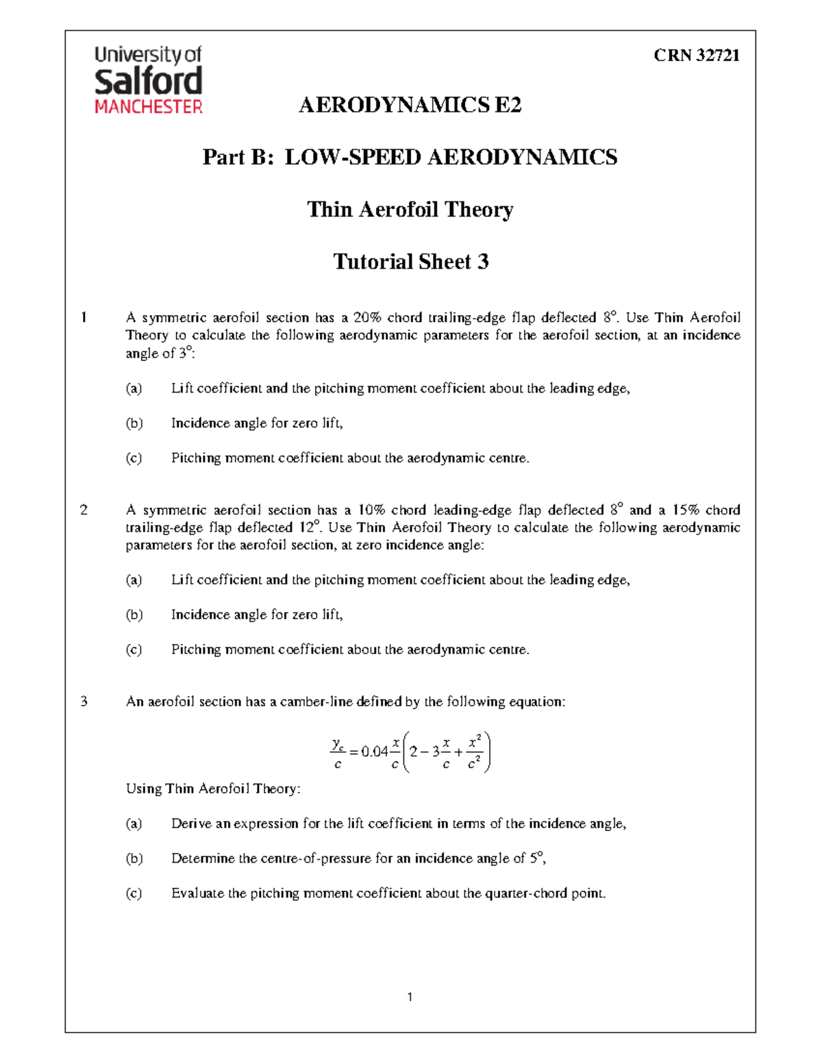 Part B Tutorial Sheet 3 - CRN 32721 AERODYNAMICS E2 Part B: LOW-SPEED ...