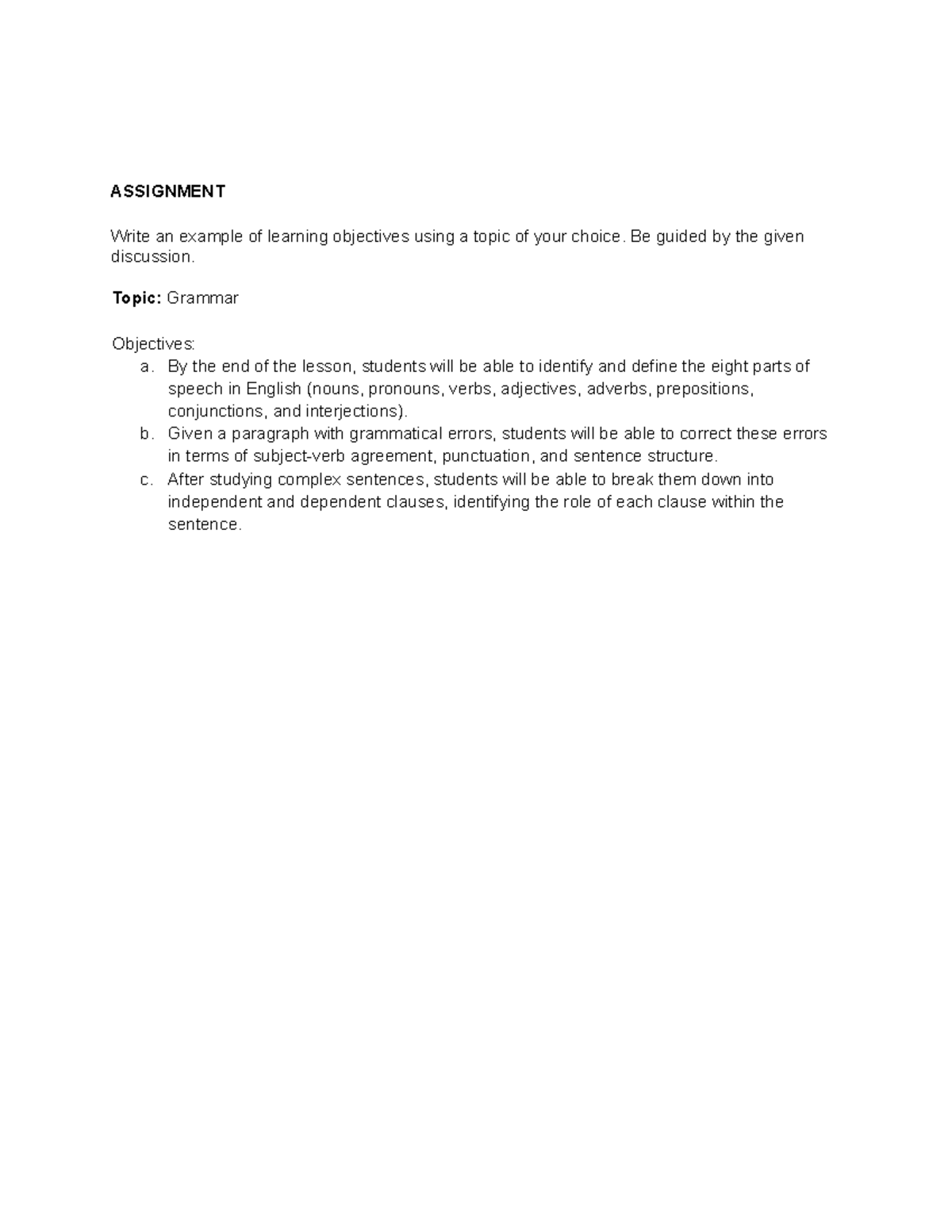 Assignment ICPT - ASSIGNMENT Write an example of learning objectives ...