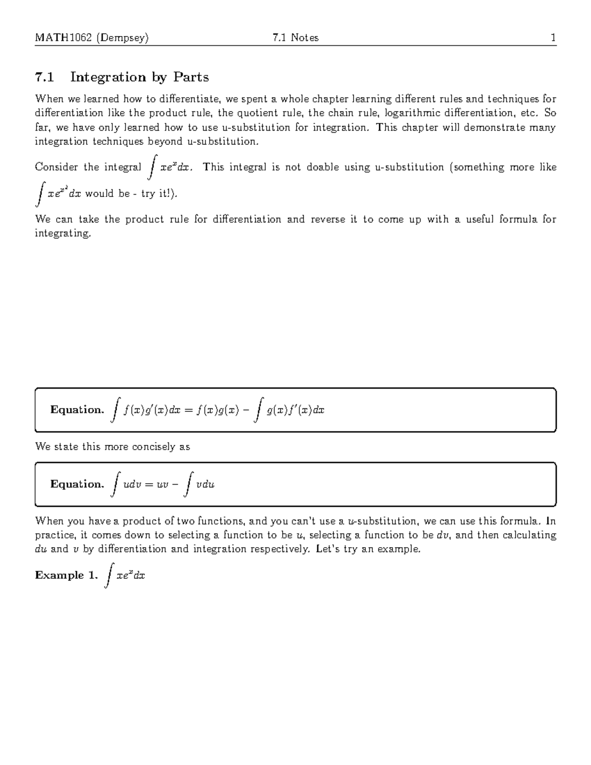 7.1 - Integration By Parts - MATH1062 (Dempsey) 7 Notes 1 7 Integration ...