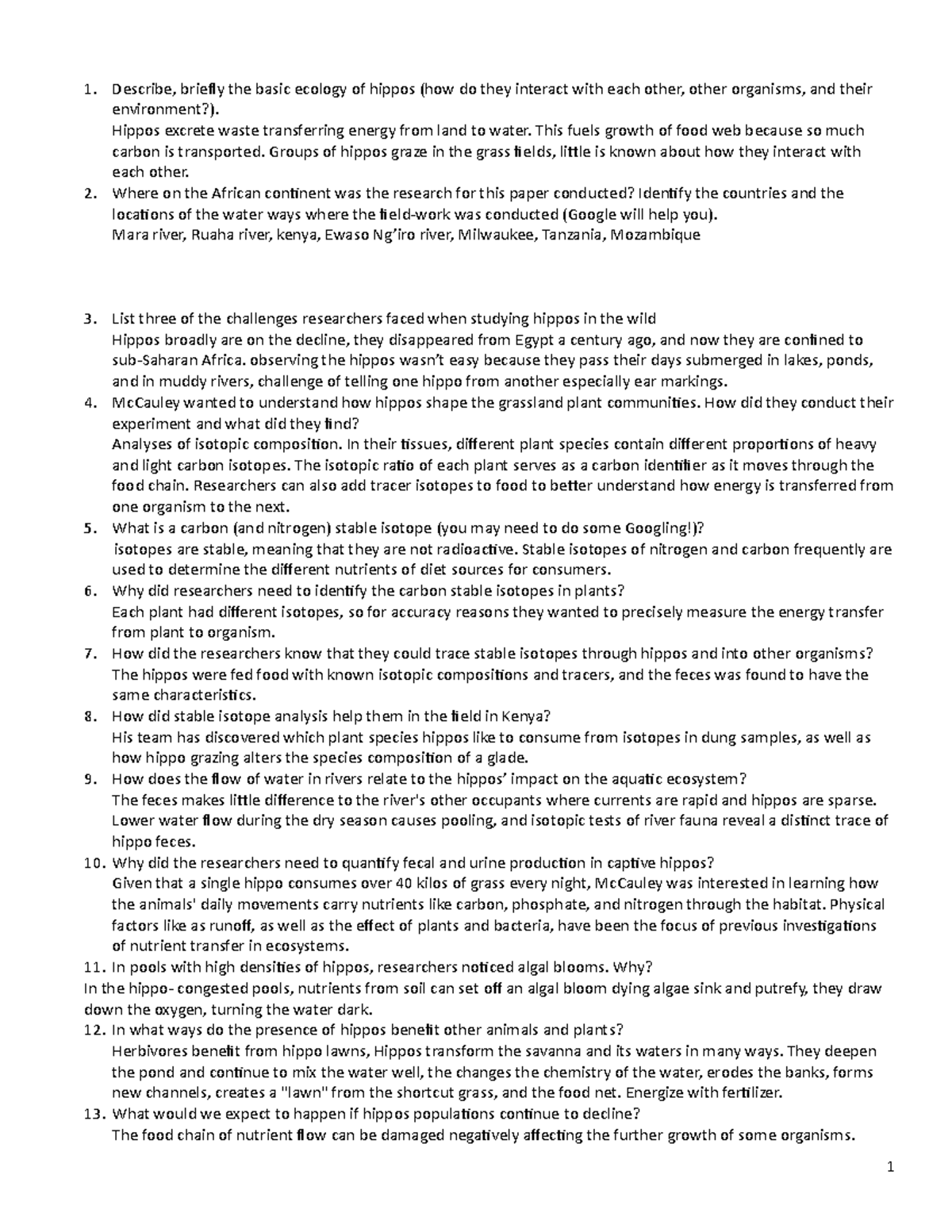 Hippos life - questions regarding class questions with answers ...
