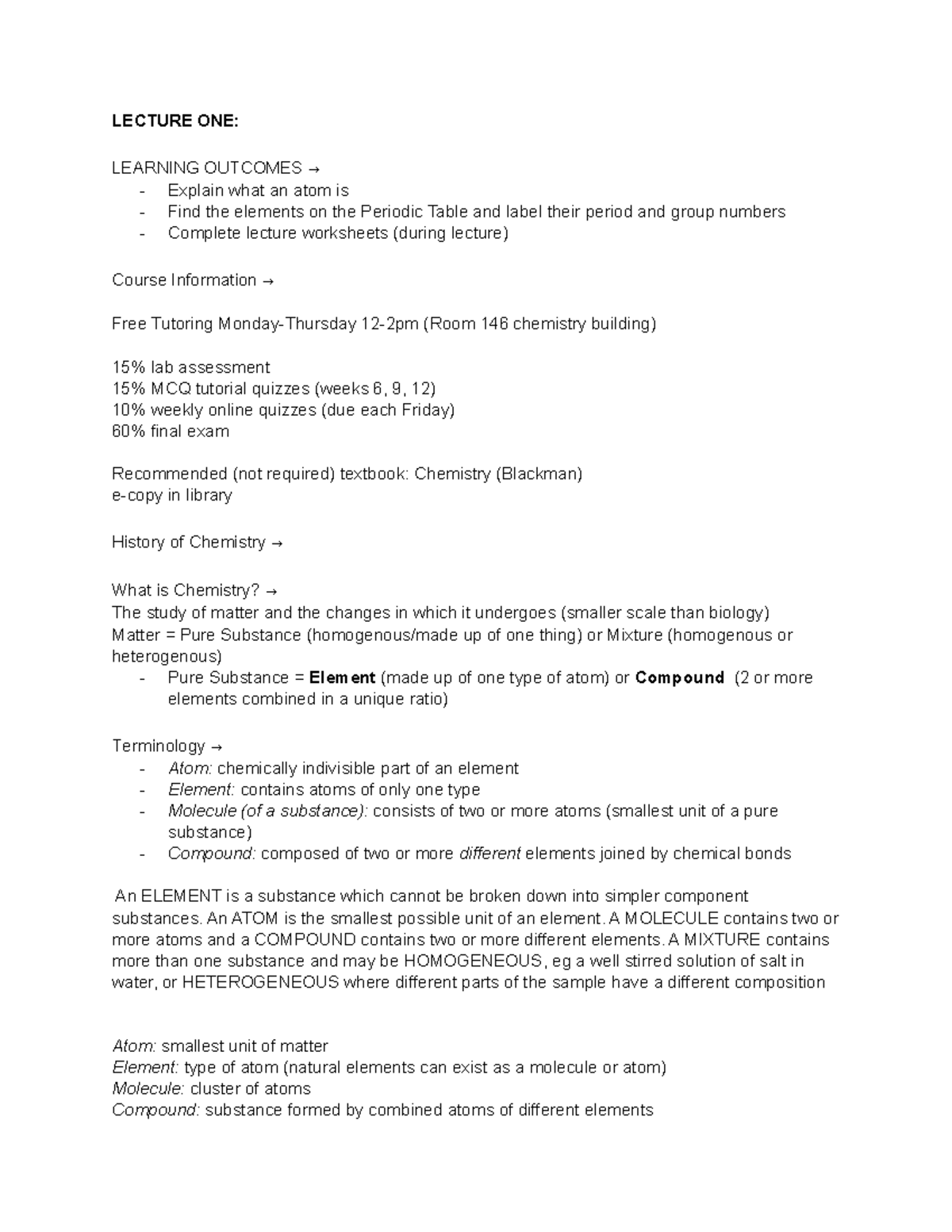 Chem1011 lectures w1-13 summary - LECTURE ONE ...