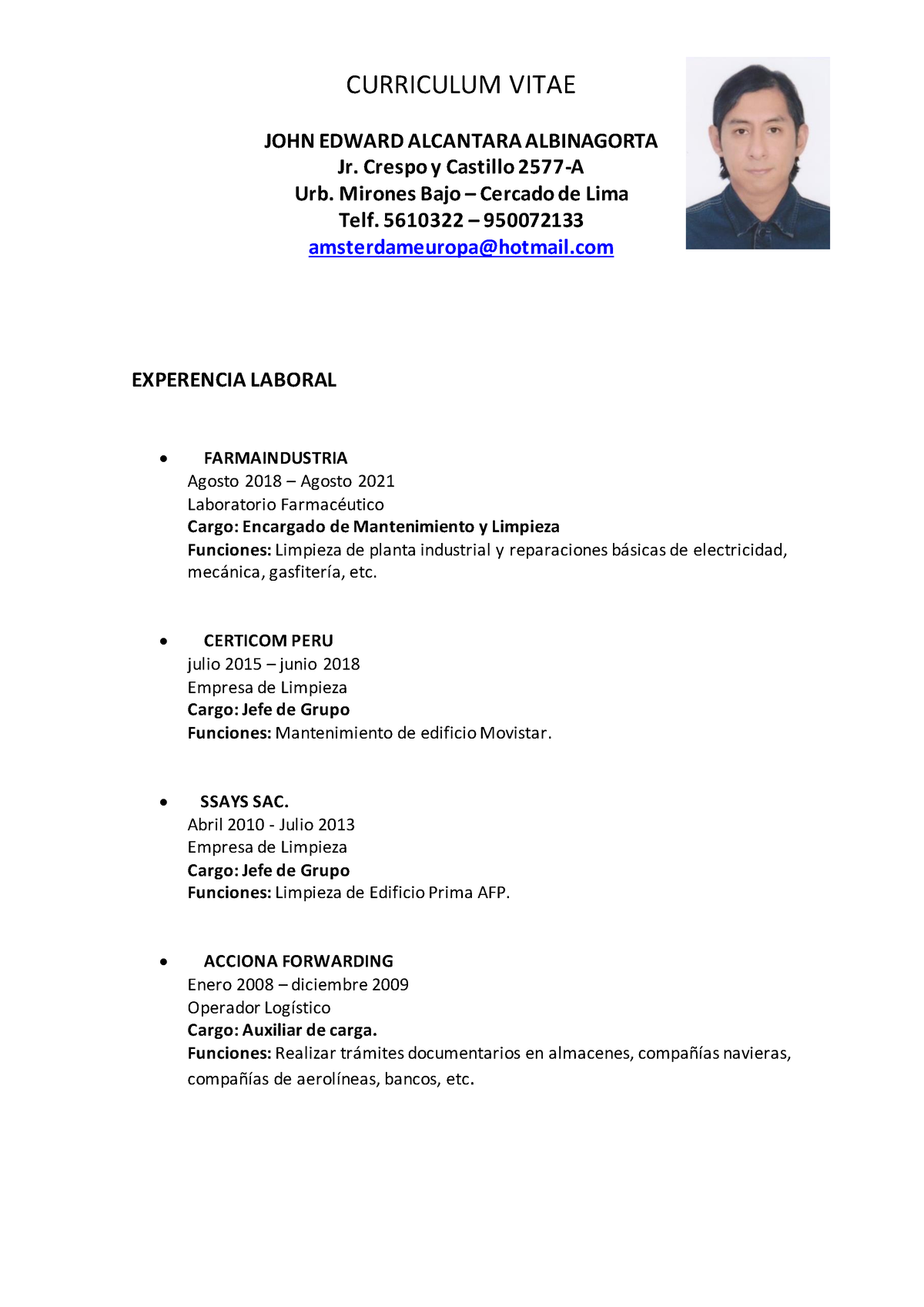 MODELO DE CV TECNICO - CURRICULUM VITAE JOHN EDWARD ALCANTARA ...