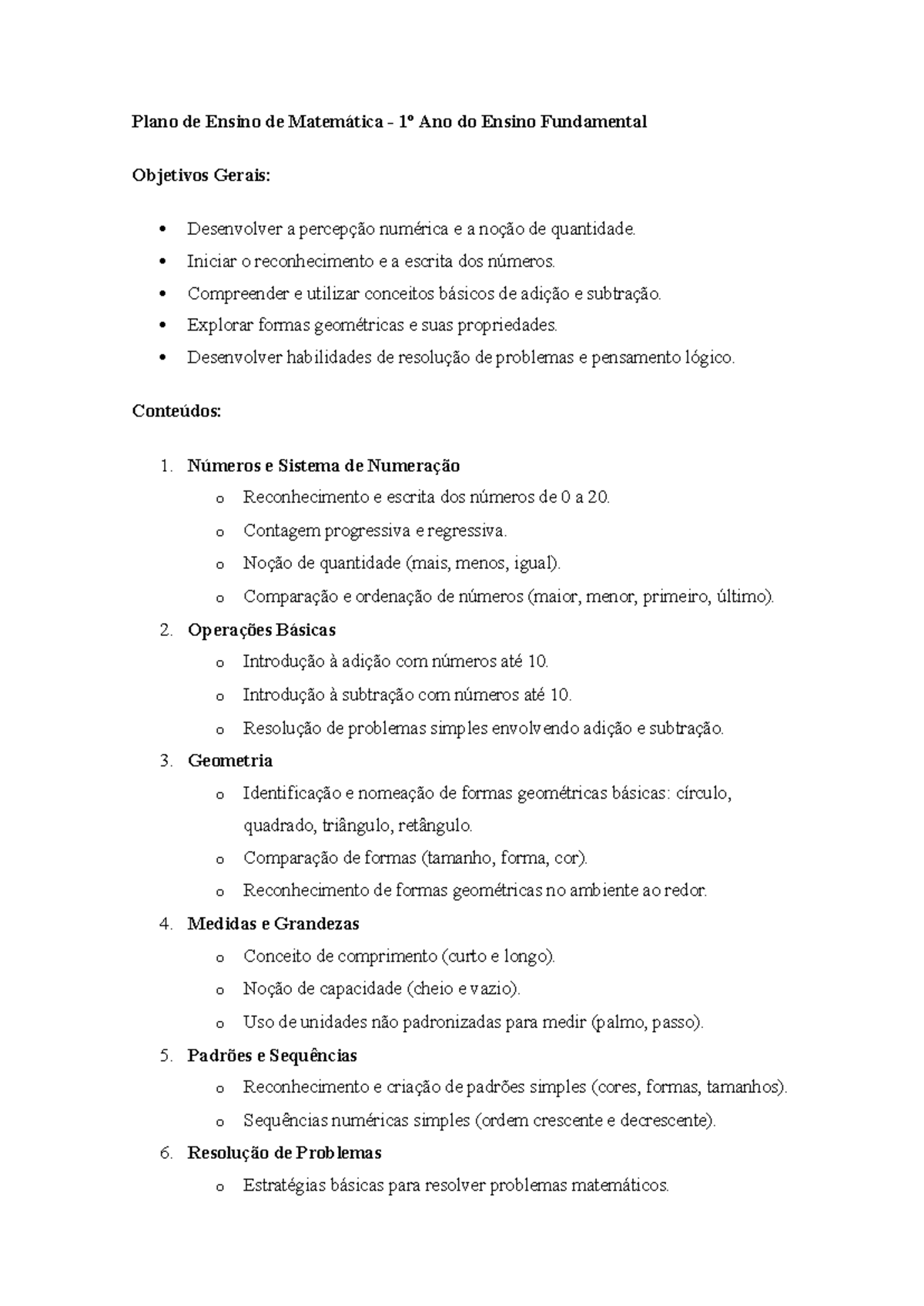 O plano de ensino de matemática do 1° ano do Ensino Fundamental - Plano ...