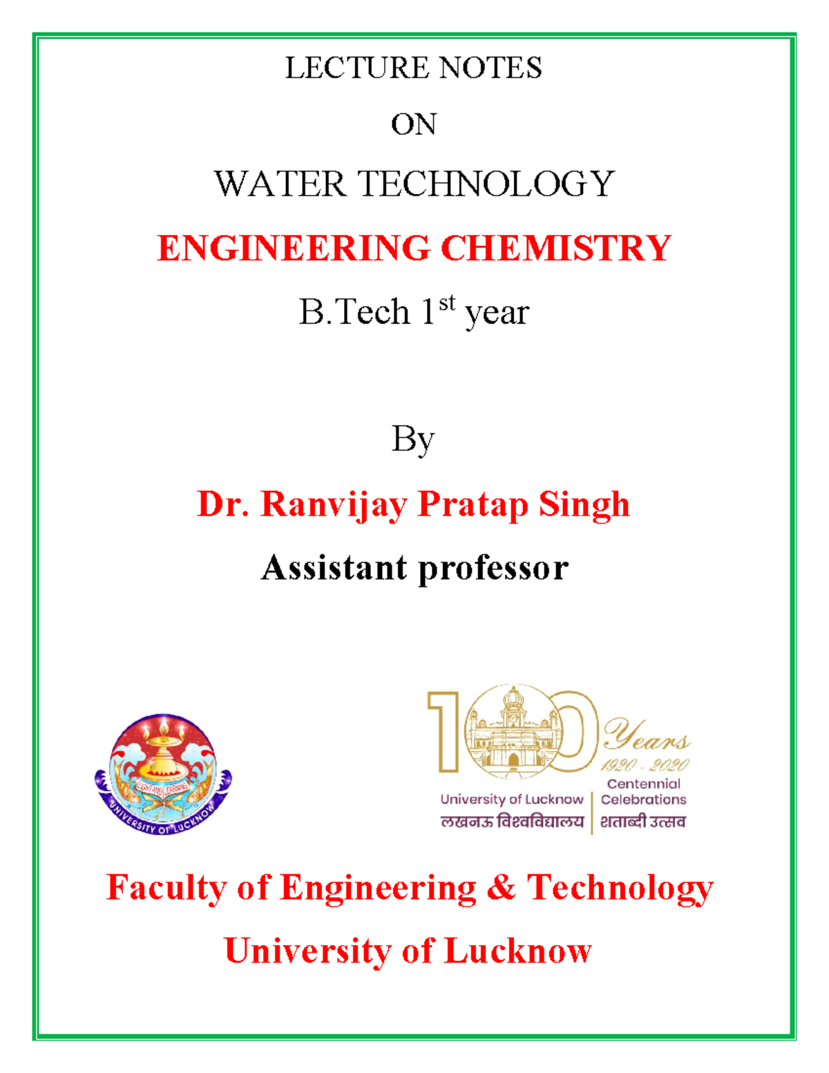 CY3151 WATER AND ITS TREATMENT - LECTURE NOTES ON WATER TECHNOLOGY ...