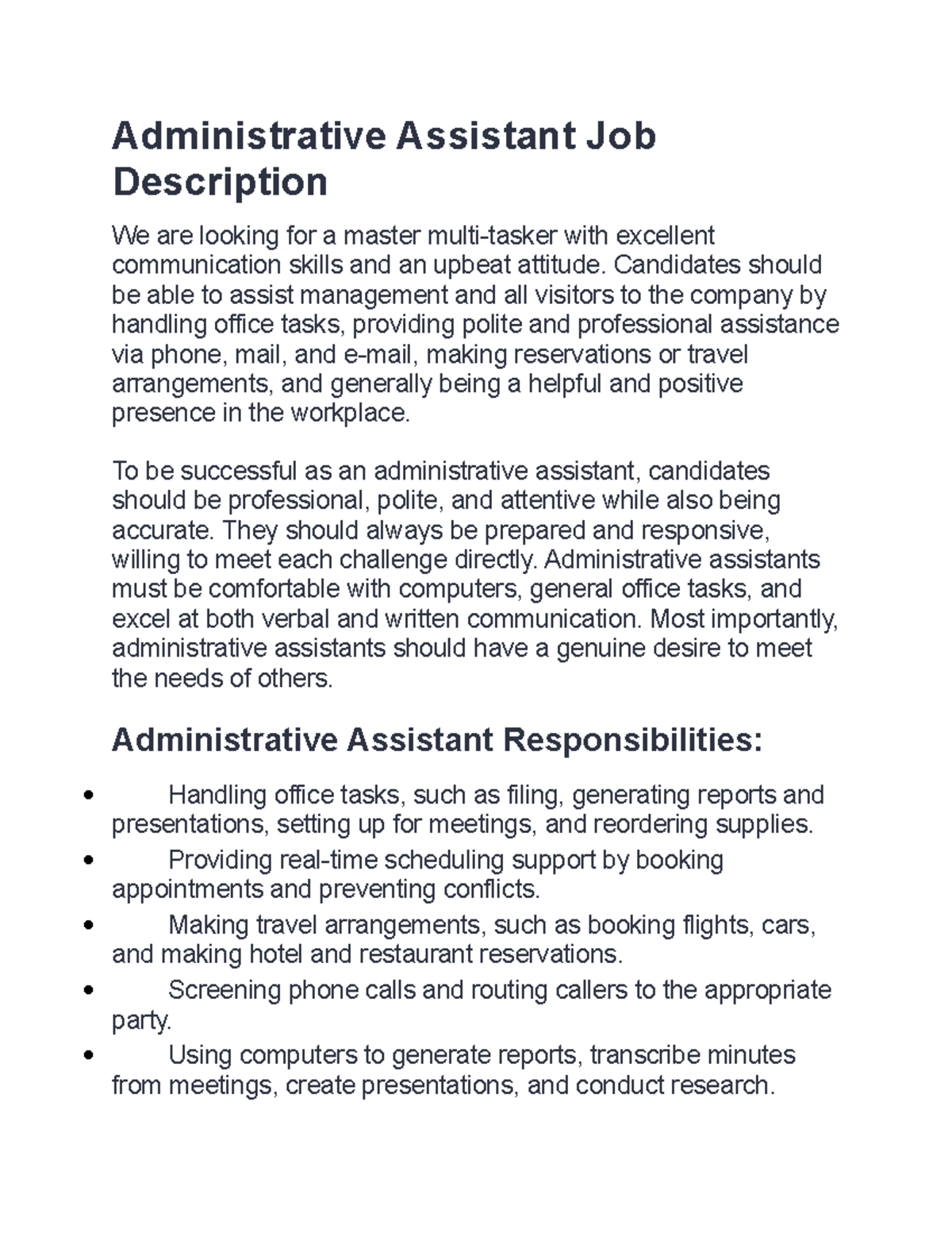 Administrative Assistant Job Description Administrative Assistant Job